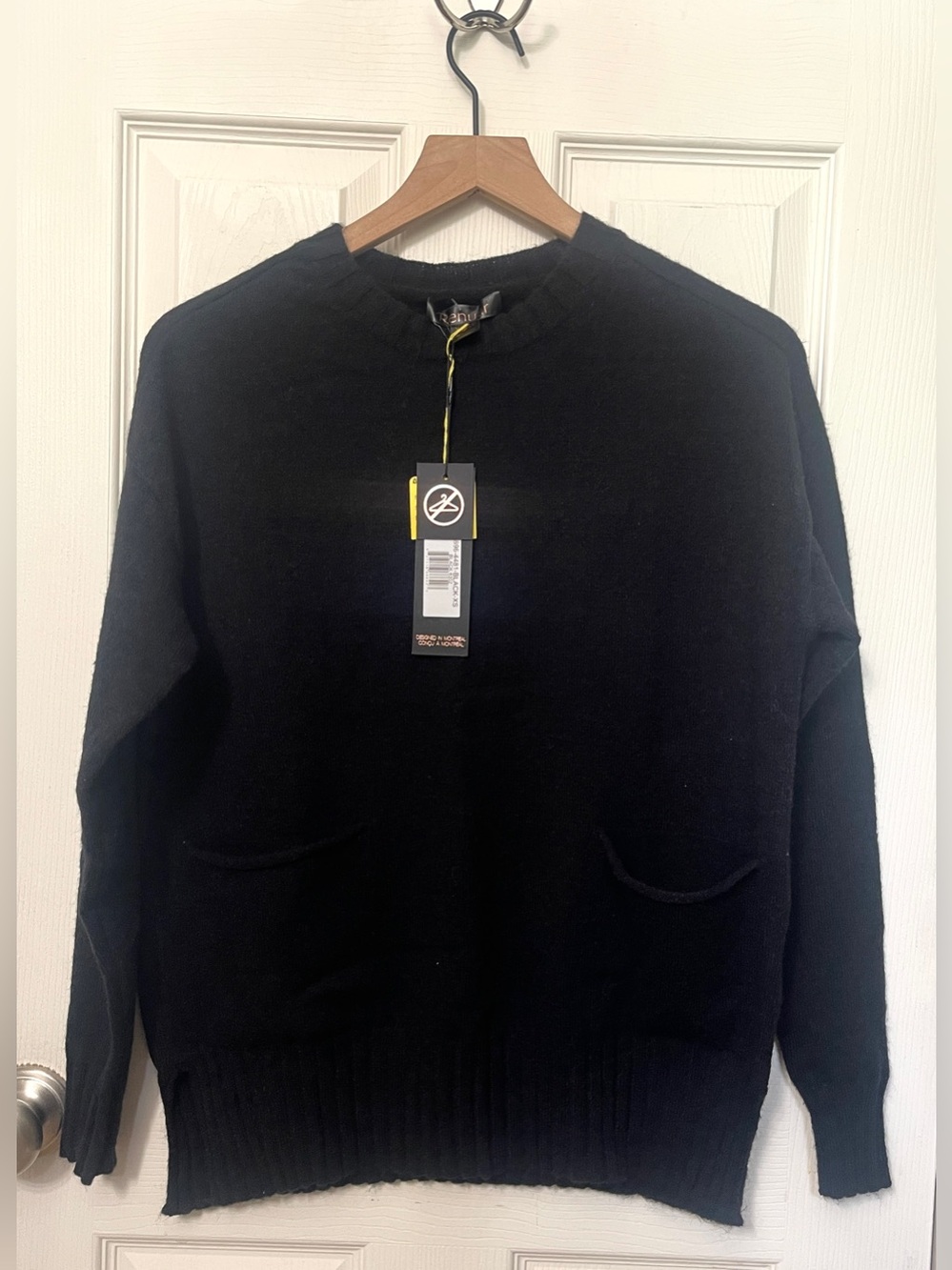 Renuar Front Pockets Crew Neck Pullover Sweater Top Black Size XS Oversized NWT